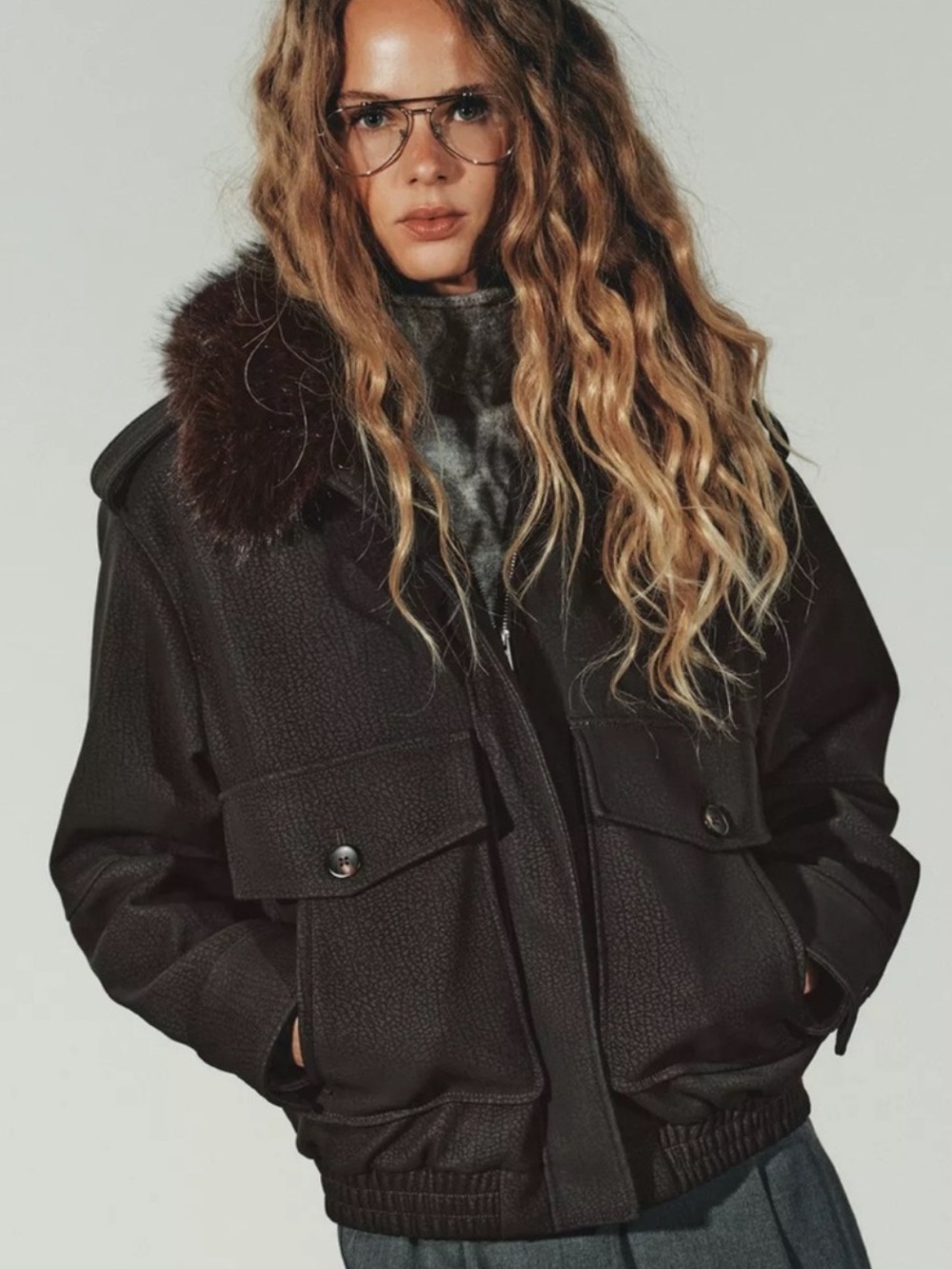 NWT Zara Faux Suede Jacket with Detachable Faux Fur Collar Brown XL